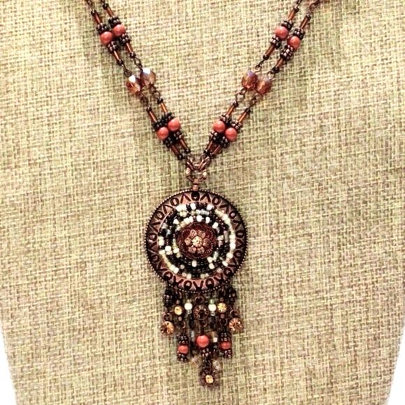 Avon Boho Southwestern Inspired Copper Tone Beaded Fringed Pendant Necklace - Picture 1 of 5